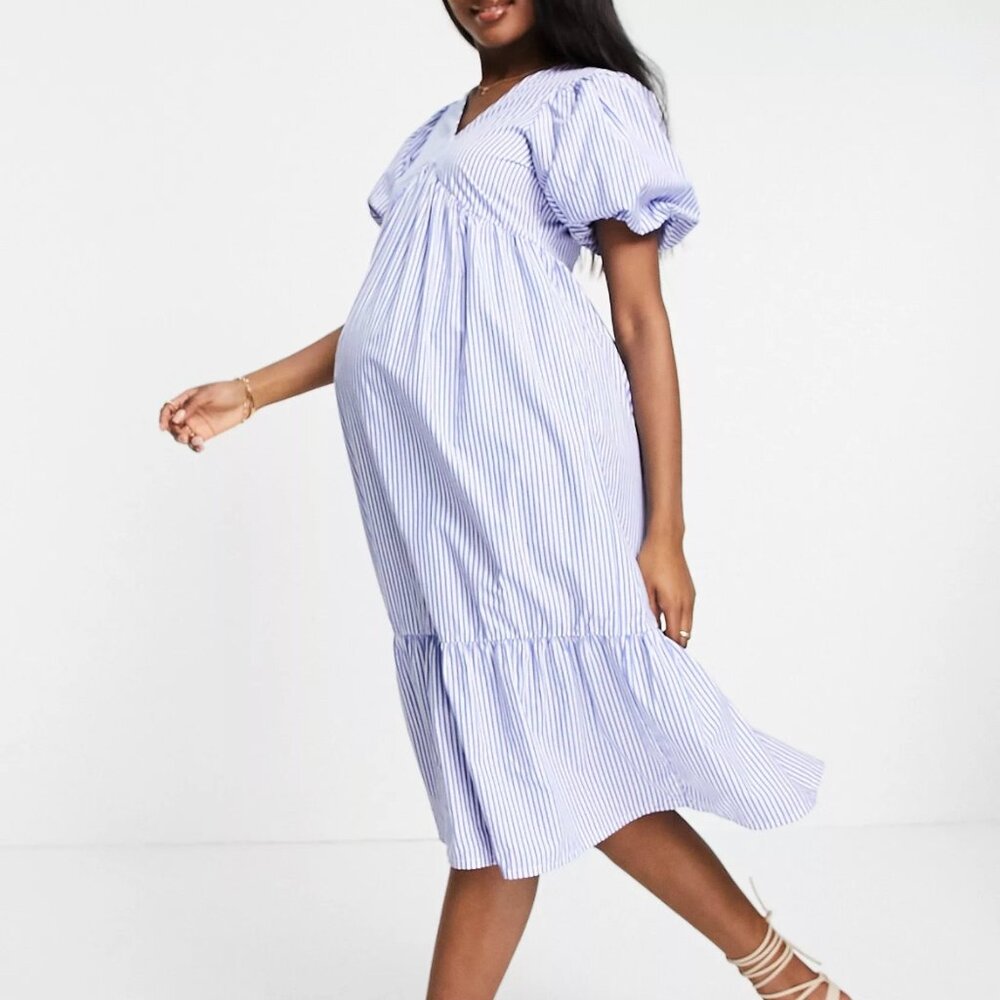 ASOS maternity striped blue and white dress.